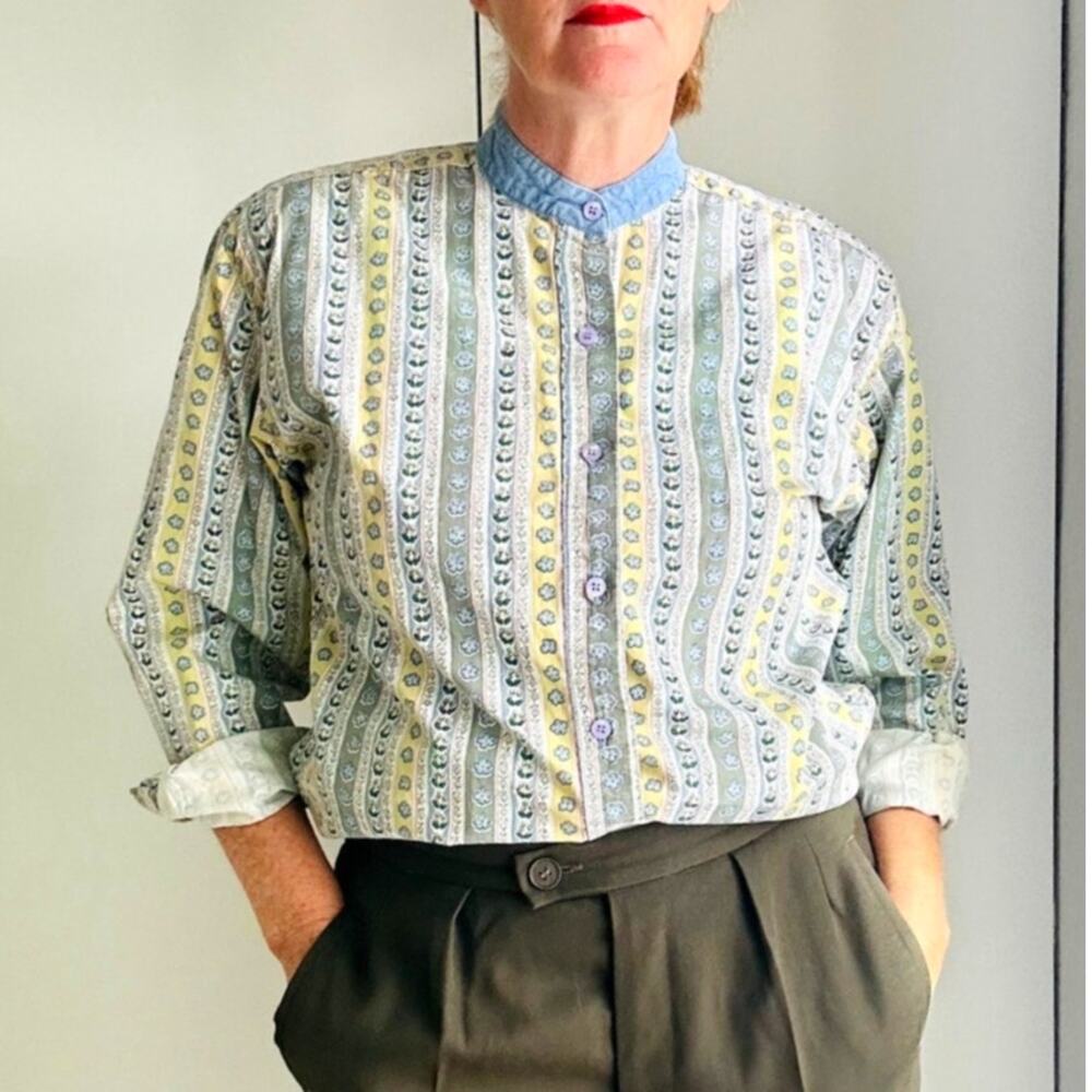 Vintage 80s Cottage Core Western Blouse Chambray Size Small Made USA Yellow Blue
